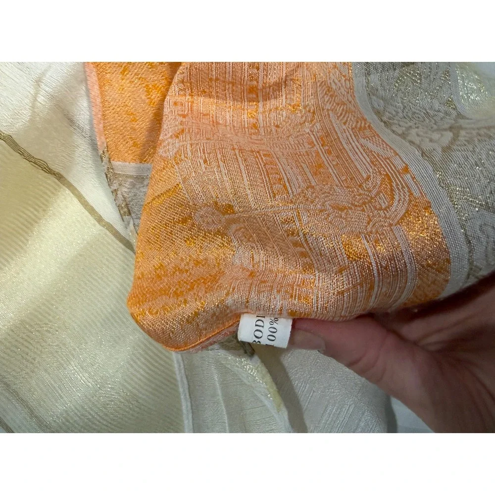 Cambodian Silk Scarf Metallic Gold Stripe Orange Architecture Border Cream Scarf